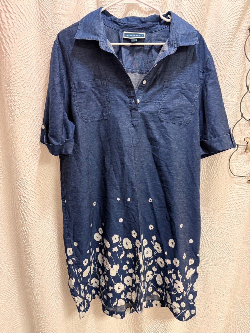 Karen Scott Blue Chambray Floral Hem Shirt Dress - Women's XL